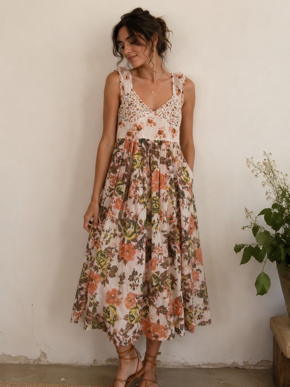 Free People Floral Midi Dress M Romantic Cottagecore Smocked Boho Sleeveless